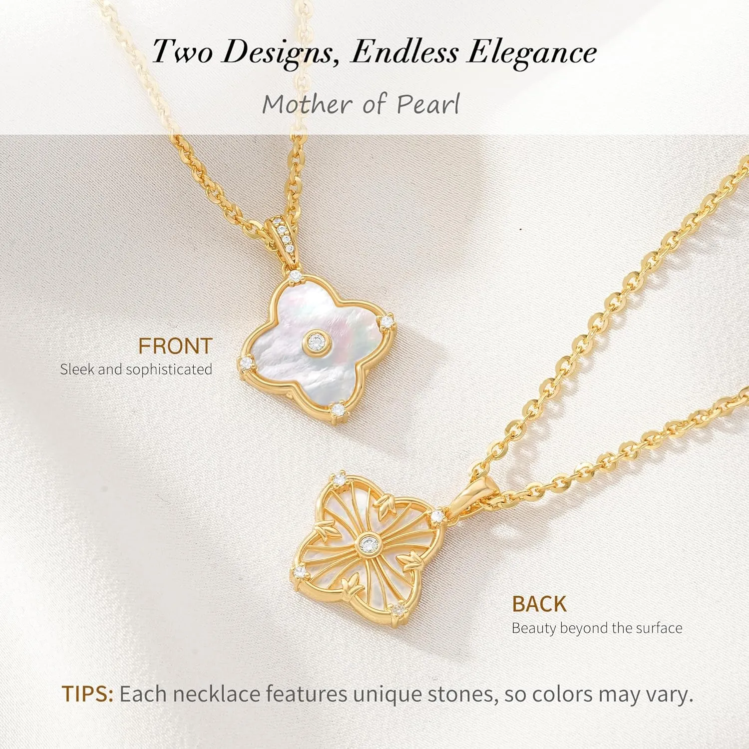 OSIANA Reversible Clover Necklace for Women 14K Gold Plated Natural Stone Four Leaf Pendant Necklaces Lucky Charm Jewelry