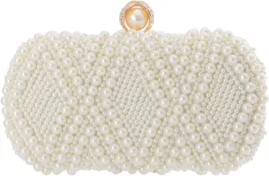 Oweisong White Pearl Clutch Purse for Women Bridal Wedding Evening Bags Small Formal Beaded Handbags with Chain