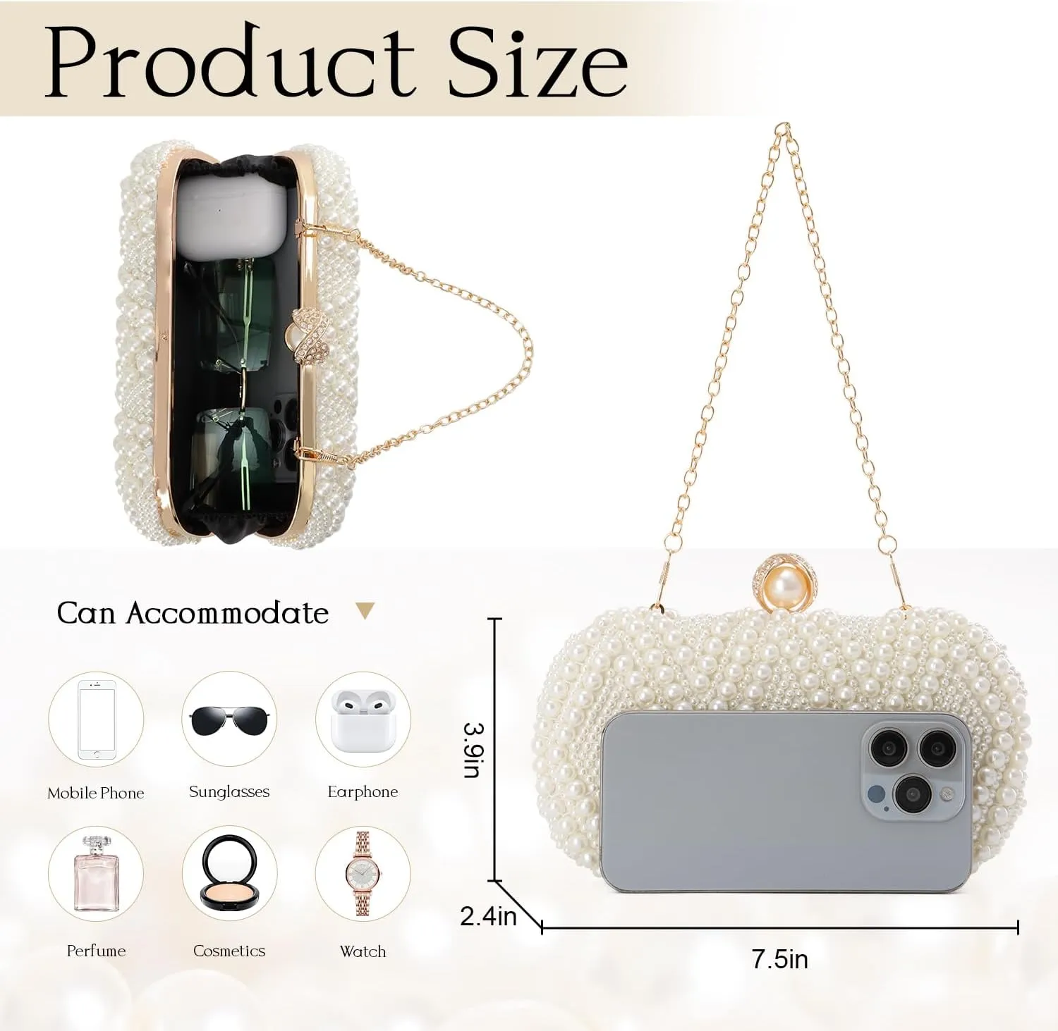 Oweisong White Pearl Clutch Purse for Women Bridal Wedding Evening Bags Small Formal Beaded Handbags with Chain