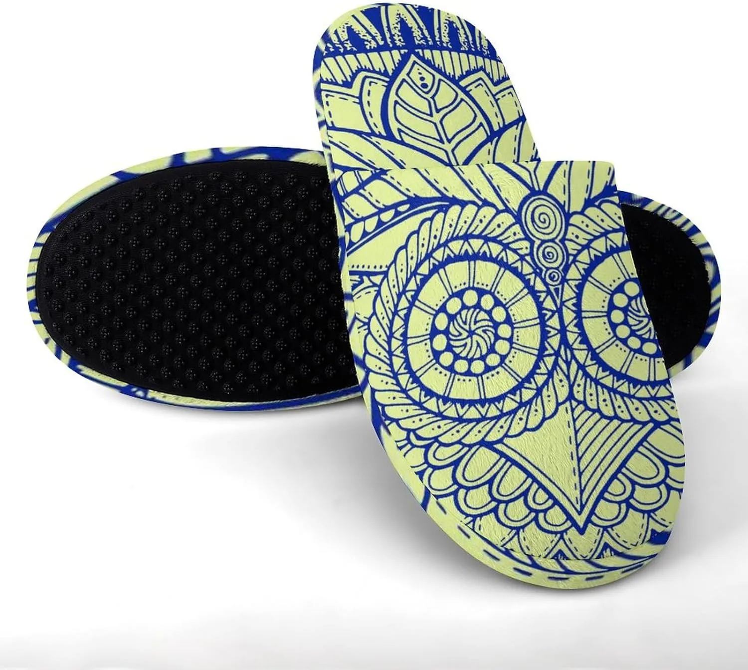 Owl Ethnic Pattern Womens Flannel Slippers Anti-slip Rubber Sole Winter Warm House Shoes For Daily Wear
