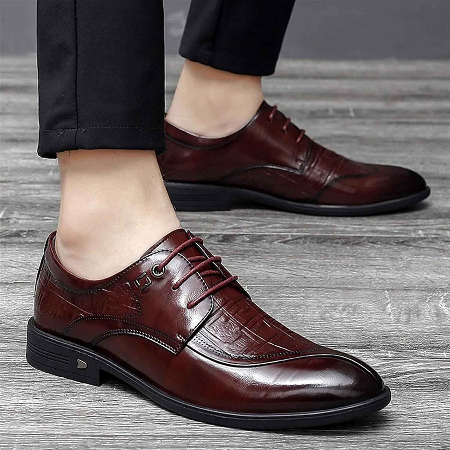 Oxford Formal Shoes for Men Lace Up Split Round Toe Crocodile Embossed Derby Shoes Vegan Leather Anti-Slip Low Top Block Heel Party Suitable for Many Occasions