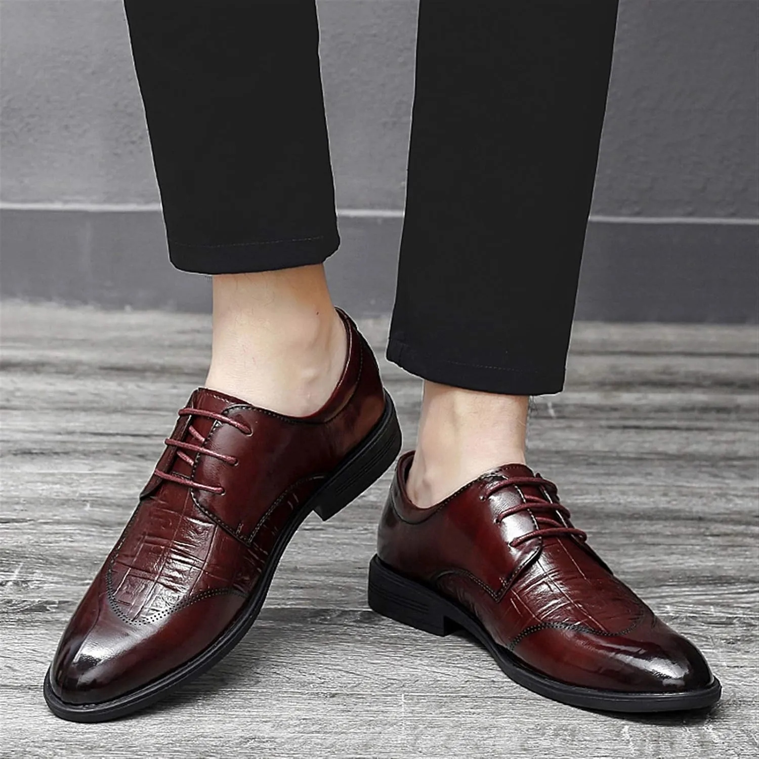 Oxford Formal Shoes for Men Lace Up Split Round Toe Crocodile Embossed Derby Shoes Vegan Leather Anti-Slip Low Top Block Heel Party Suitable for Many Occasions