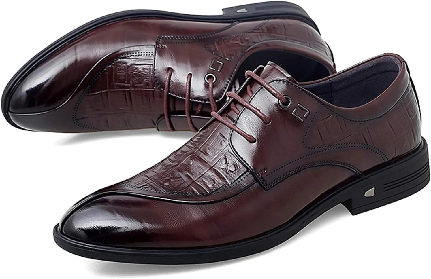 Oxford Formal Shoes for Men Lace Up Split Round Toe Crocodile Embossed Derby Shoes Vegan Leather Anti-Slip Low Top Block Heel Party Suitable for Many Occasions