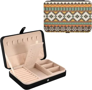 Oyihfvs Seamless Tribal Ethnic Pattern in Vintage Retro Style Leather Jewelry Bag, Jewelry Storage, Portable Jewelry Organizer Boxes for Women Lady Necklace, Earrings, Rings, Bracelet