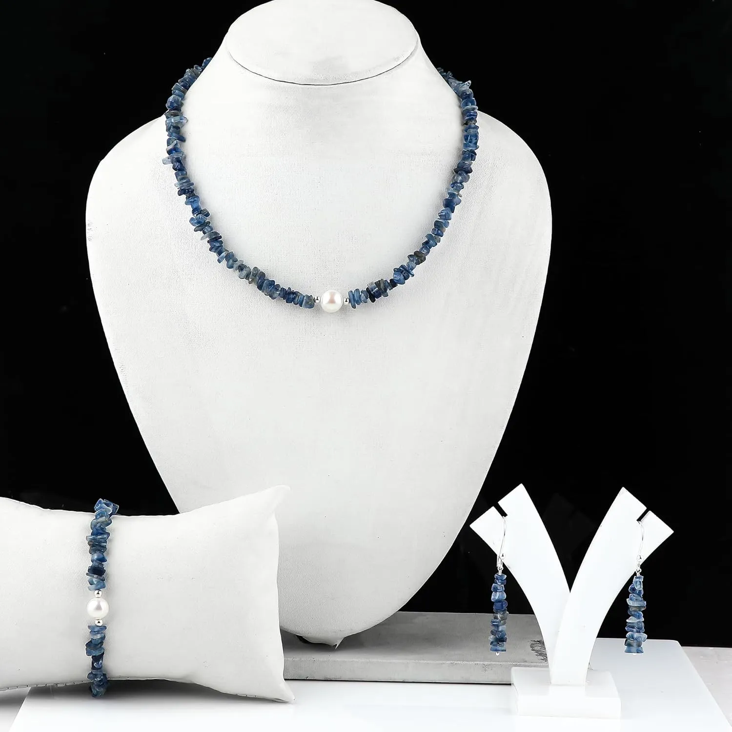 (Pack of 3) Natural Kyanite Gemstone Jewelry Combo Set & Cultured Pearl, Silver Plated Chain, Uncut Nuggets Crystals Beads, Handmade Women Jewelry, Bracelets, Necklace, Earrings