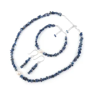 (Pack of 3) Natural Kyanite Gemstone Jewelry Combo Set & Cultured Pearl, Silver Plated Chain, Uncut Nuggets Crystals Beads, Handmade Women Jewelry, Bracelets, Necklace, Earrings