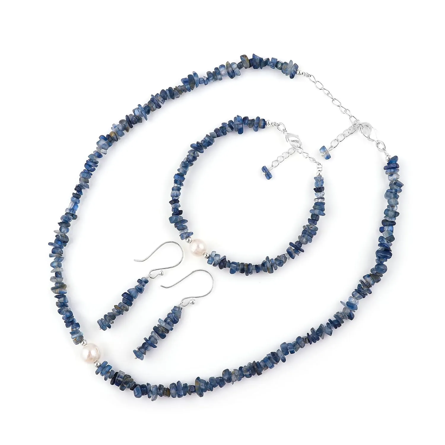 (Pack of 3) Natural Kyanite Gemstone Jewelry Combo Set & Cultured Pearl, Silver Plated Chain, Uncut Nuggets Crystals Beads, Handmade Women Jewelry, Bracelets, Necklace, Earrings