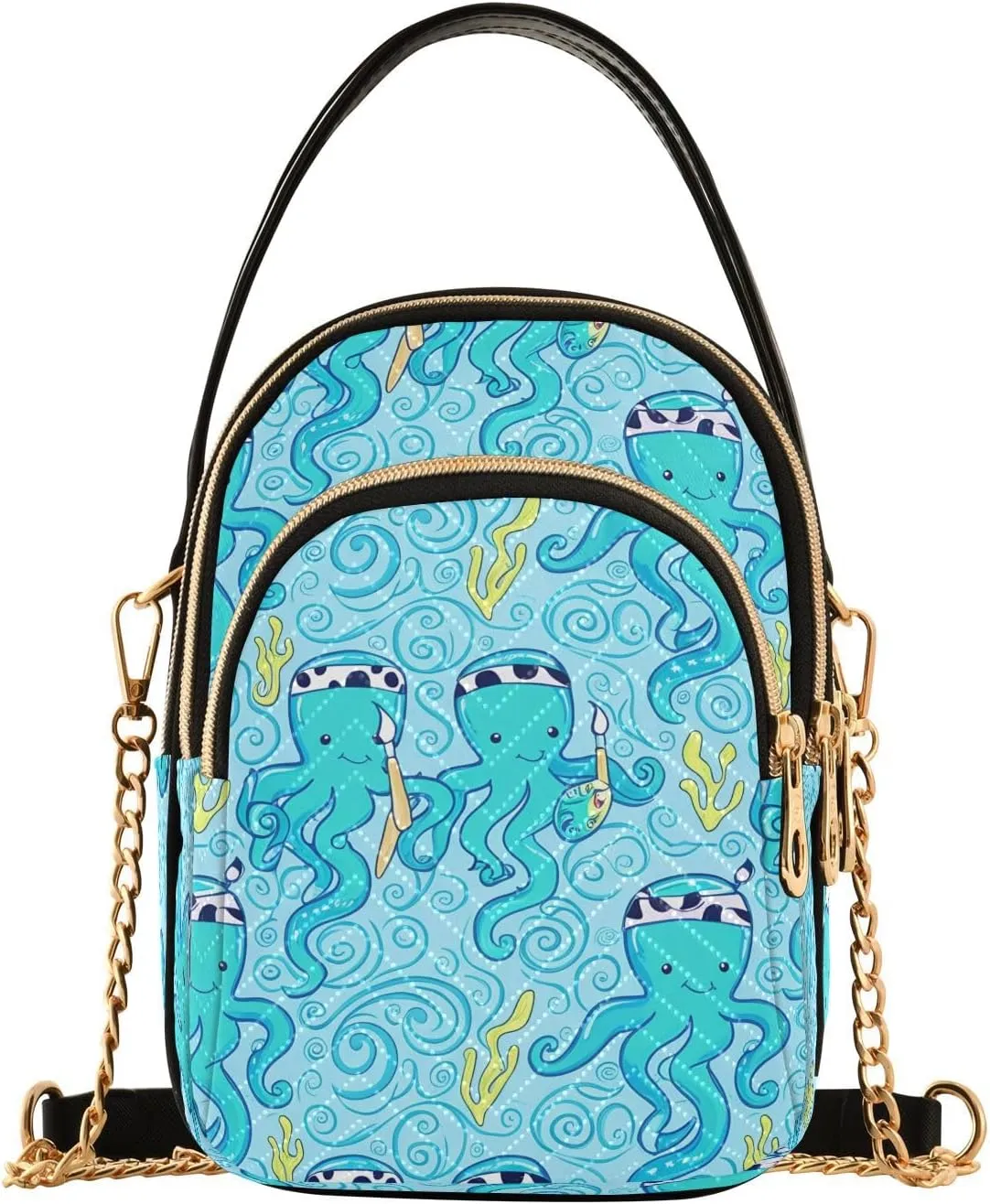Painter Octopus Seaweed Multi Pockets Crossbody Bags for Women Zip Cell Phone Purse Wallet Bag with Detachable Shoulder Strap Handbag Purse for Shopping Traveling Working Women Girls Trendy Gift