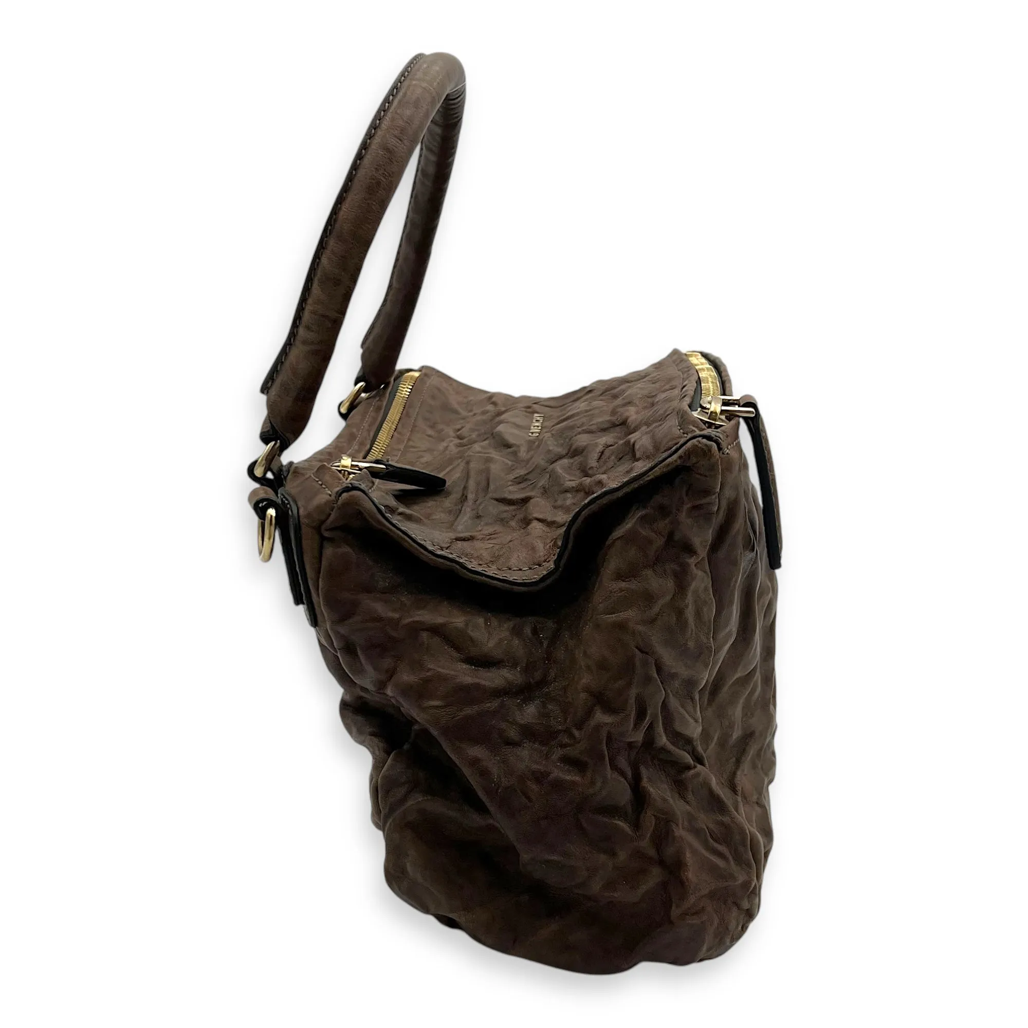 Pandora Medium Brown Top Handle Bag in Distressed Leather, Gold hardware