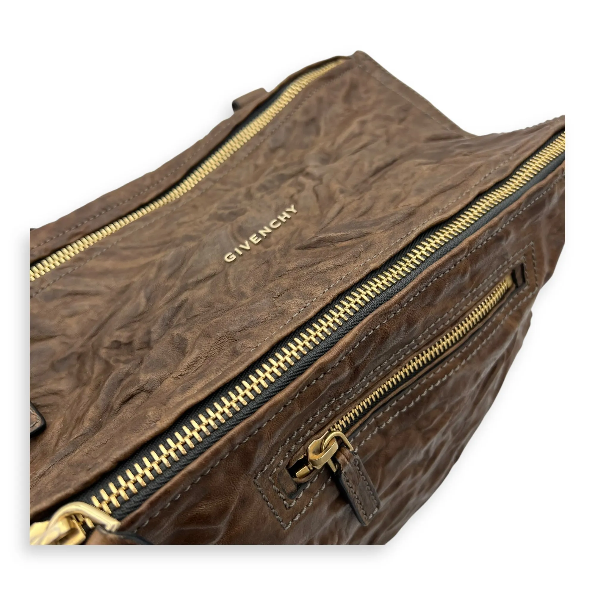 Pandora Medium Brown Top Handle Bag in Distressed Leather, Gold hardware