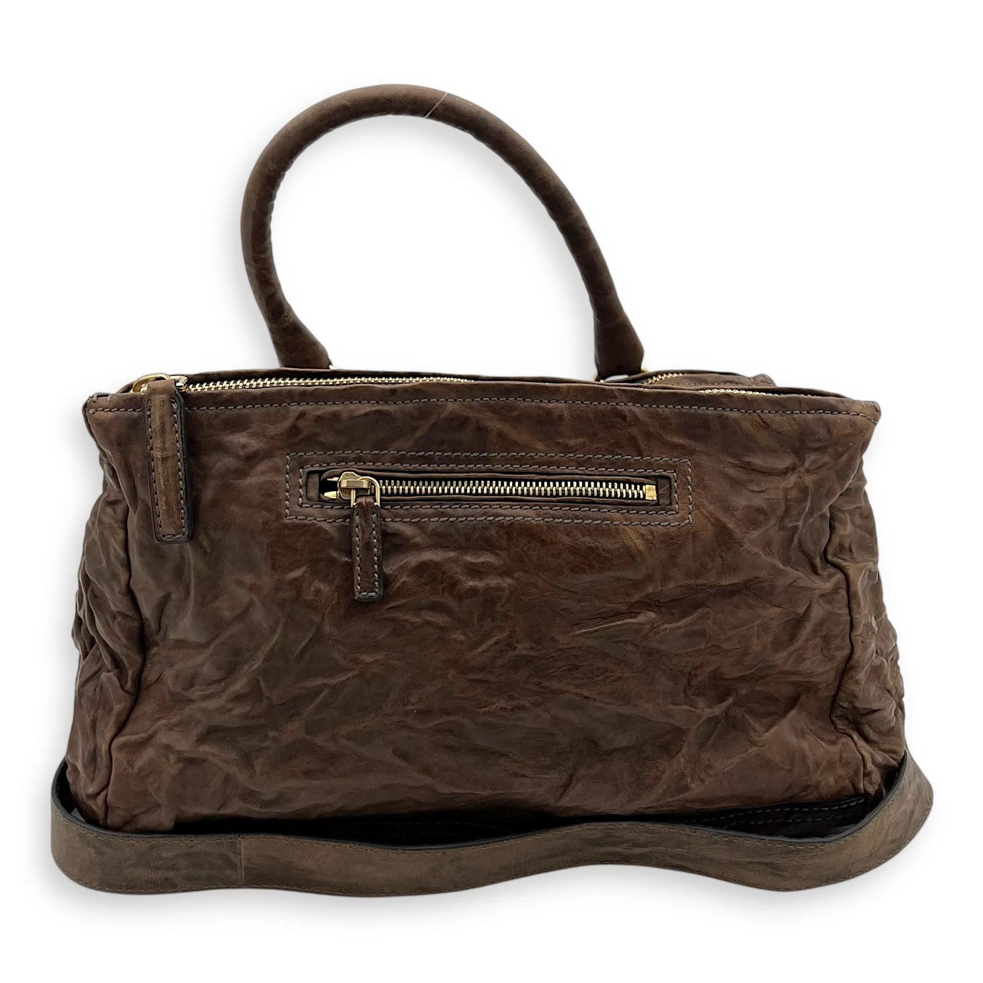 Pandora Medium Brown Top Handle Bag in Distressed Leather, Gold hardware