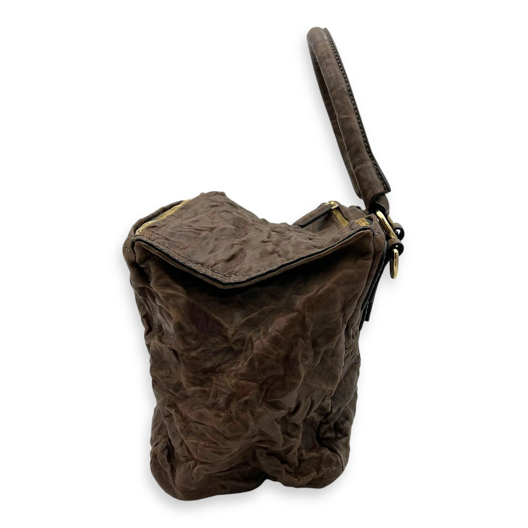 Pandora Medium Brown Top Handle Bag in Distressed Leather, Gold hardware