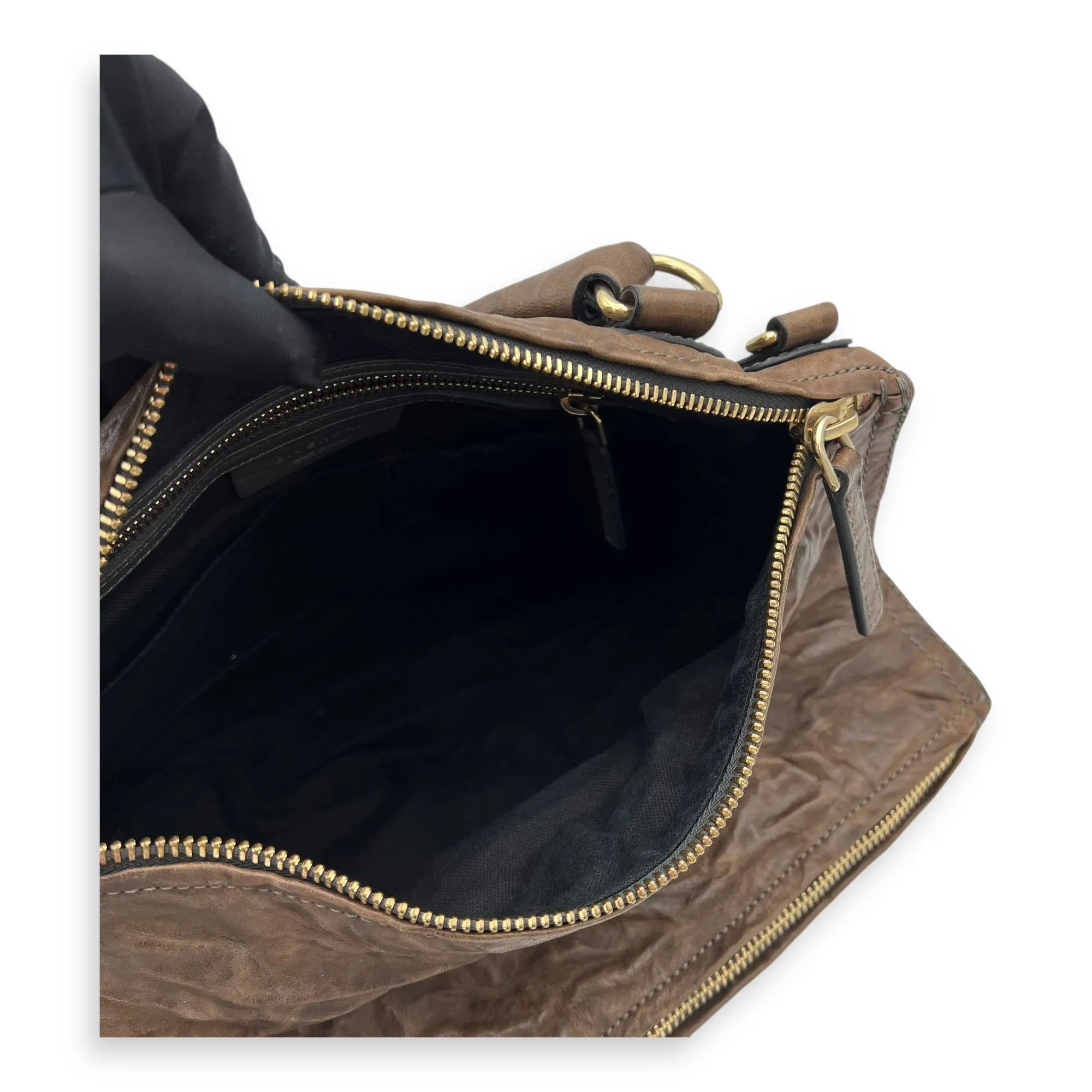 Pandora Medium Brown Top Handle Bag in Distressed Leather, Gold hardware