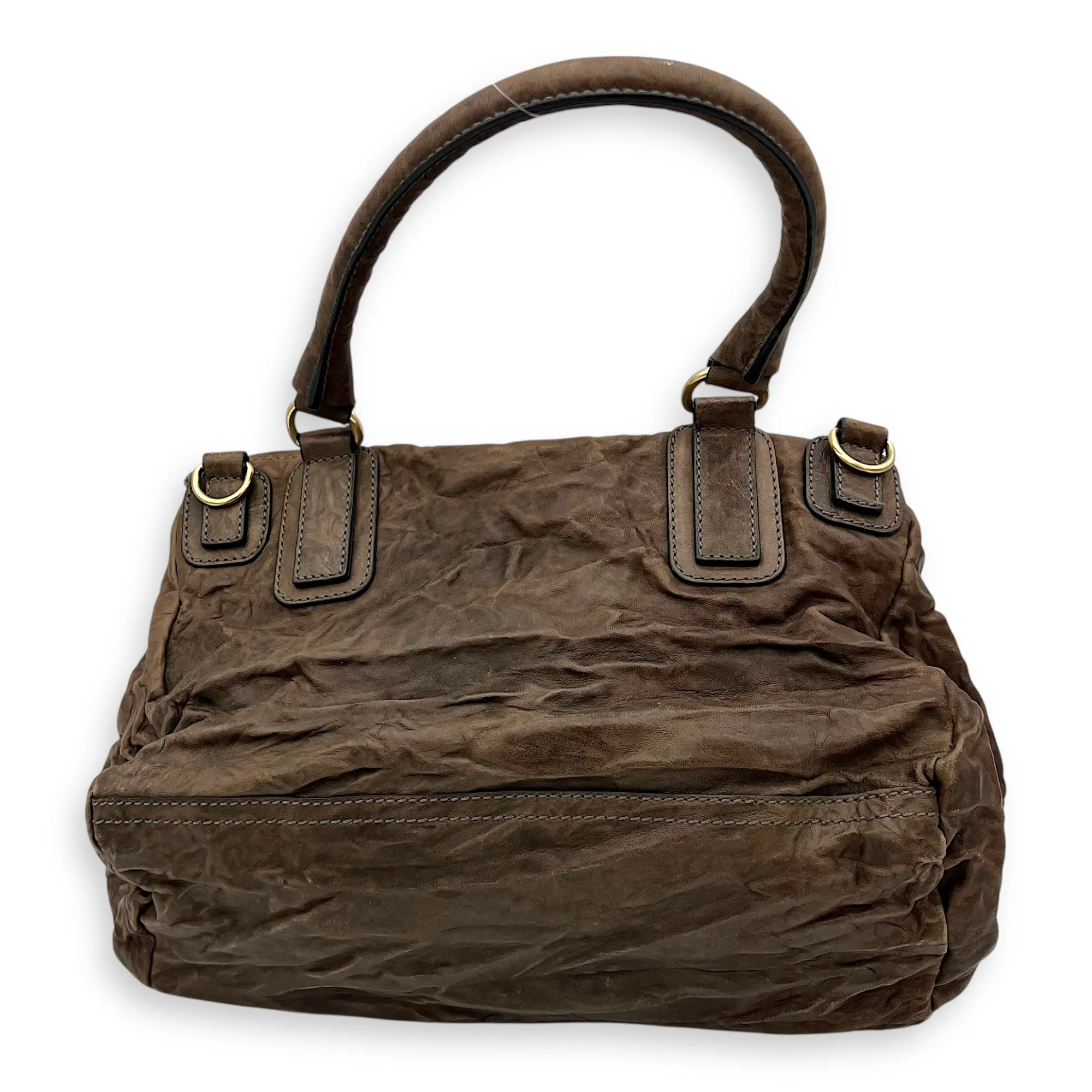 Pandora Medium Brown Top Handle Bag in Distressed Leather, Gold hardware