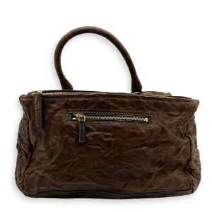 Pandora Medium Brown Top Handle Bag in Distressed Leather, Gold hardware