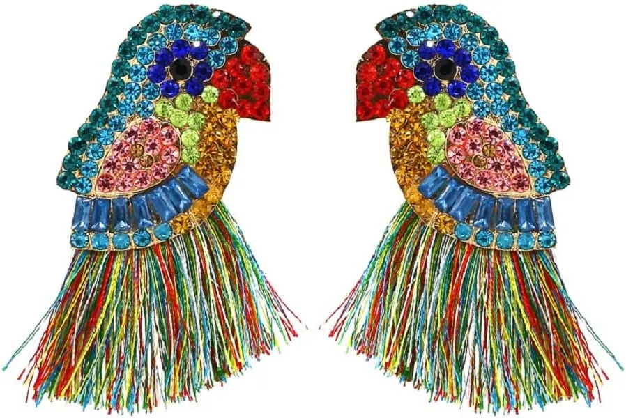 Parrot Earrings for Women, Bird Parrot Tassel Earrings for Womens, Rhinestone Parrot Dangle Earring Hypoallergenic, Cubic Zirconia Parrot Drop Earring, Parrot Jewelry Funny earrings