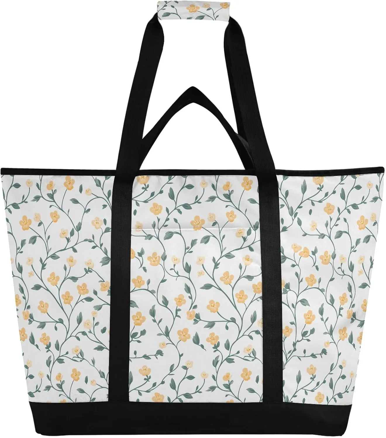 Pastoral Style Yellow Flower Insulated Cooler Bag, Reusable Grocery Bags with Zipper Portable Large Cooler Bag for Travel or Camping