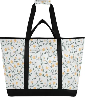 Pastoral Style Yellow Flower Insulated Cooler Bag, Reusable Grocery Bags with Zipper Portable Large Cooler Bag for Travel or Camping