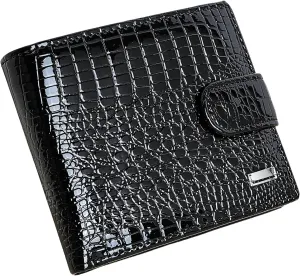 Patent Genuine Leather Crocodile Embossed Minimalist Wallet, Credit Card ID Purse, Vintage Small Coin Organizer Pouch (Black)