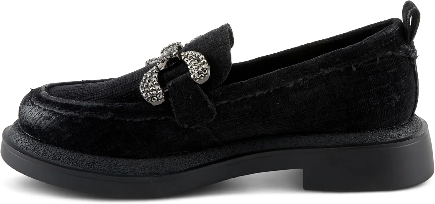 PATRIZIA Women's Marlen Velvet Loafers with Metal Ornamentation, Crystal Details, and Comfortable Fit