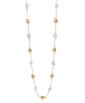 Pearl &amp; Metal Chain Long Necklace
