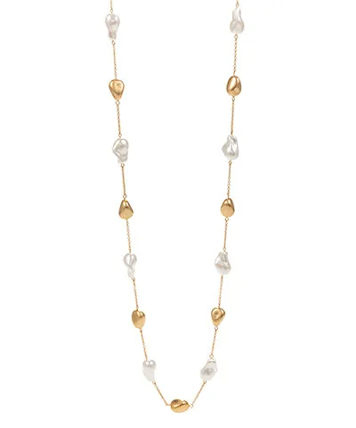 Pearl &amp; Metal Chain Long Necklace