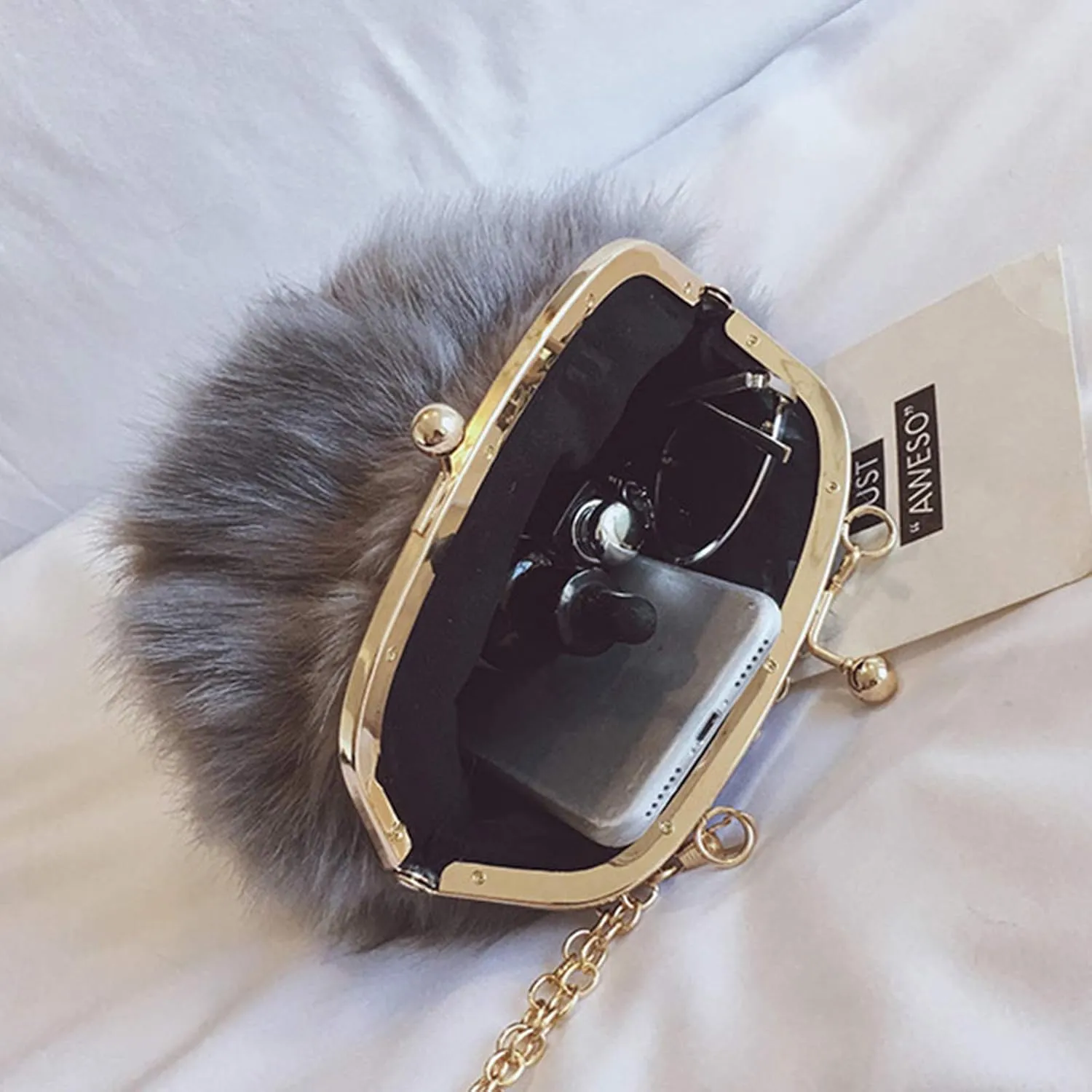 Pearl Chain StrapFaux Fur Evening Handbags Fuzzy Satchel Style Purse Fashion Clutch Handbag Shoulder Vintage Bags for Women
