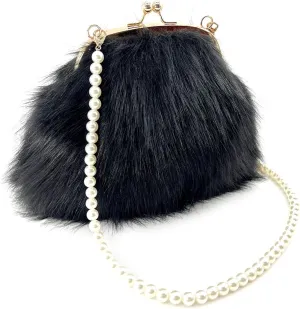 Pearl Chain StrapFaux Fur Evening Handbags Fuzzy Satchel Style Purse Fashion Clutch Handbag Shoulder Vintage Bags for Women