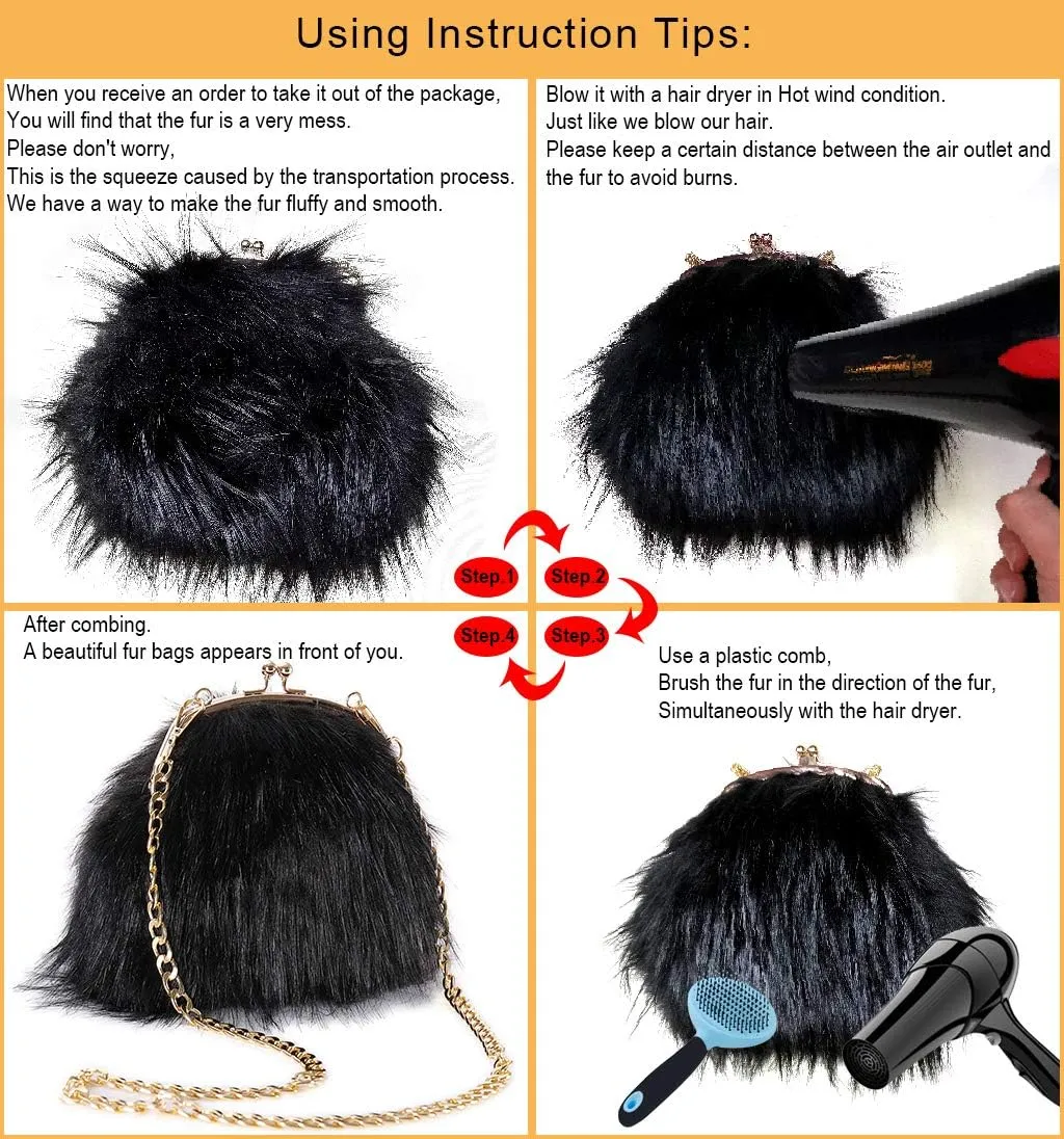 Pearl Chain StrapFaux Fur Evening Handbags Fuzzy Satchel Style Purse Fashion Clutch Handbag Shoulder Vintage Bags for Women