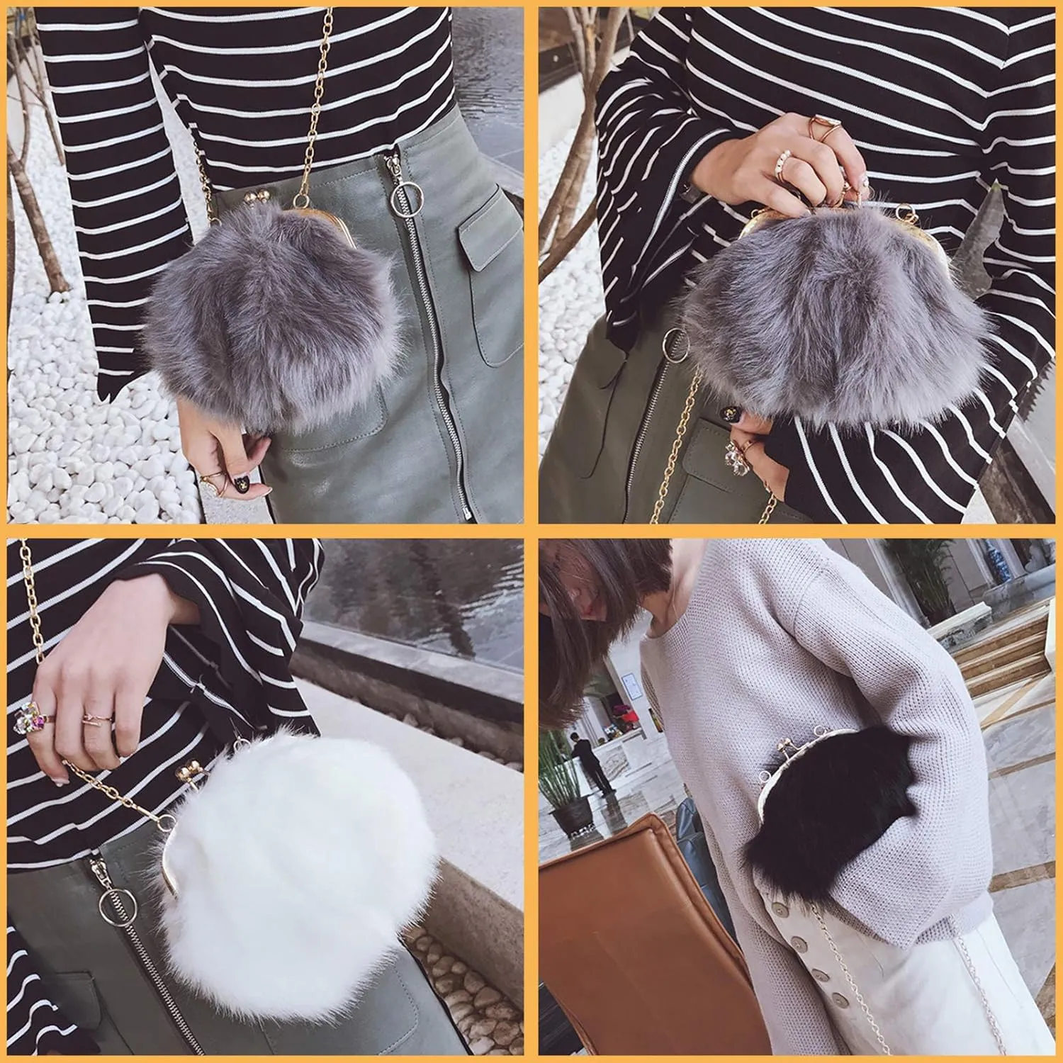 Pearl Chain StrapFaux Fur Evening Handbags Fuzzy Satchel Style Purse Fashion Clutch Handbag Shoulder Vintage Bags for Women