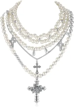 Pearl Choker Necklace for Women Statement Gothic Cross Stacked Necklace Y2K Layered Necklace for Women