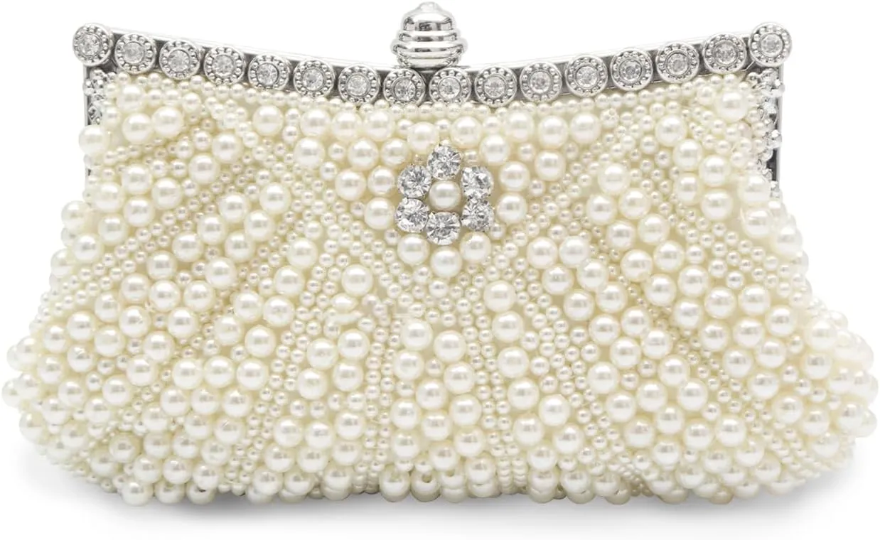 Pearl Clutch Bag for Women Beaded Evening Bag Rhinestone Handbag Bridal Wedding Purse Elegant Crystal Shoulder Bag