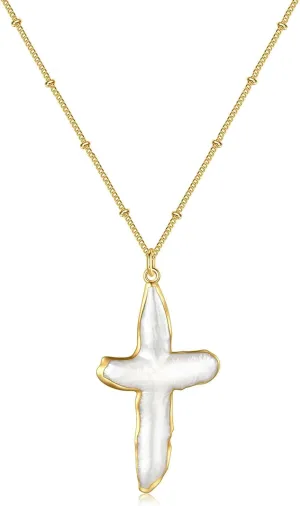 Pearl Cross Necklace for Women Freshwater Natural Chunky Baroque Pearl Necklaces Big Gold Cross Necklace Sideways Cross Christian Gifts for Women Men Trendy Jewelry