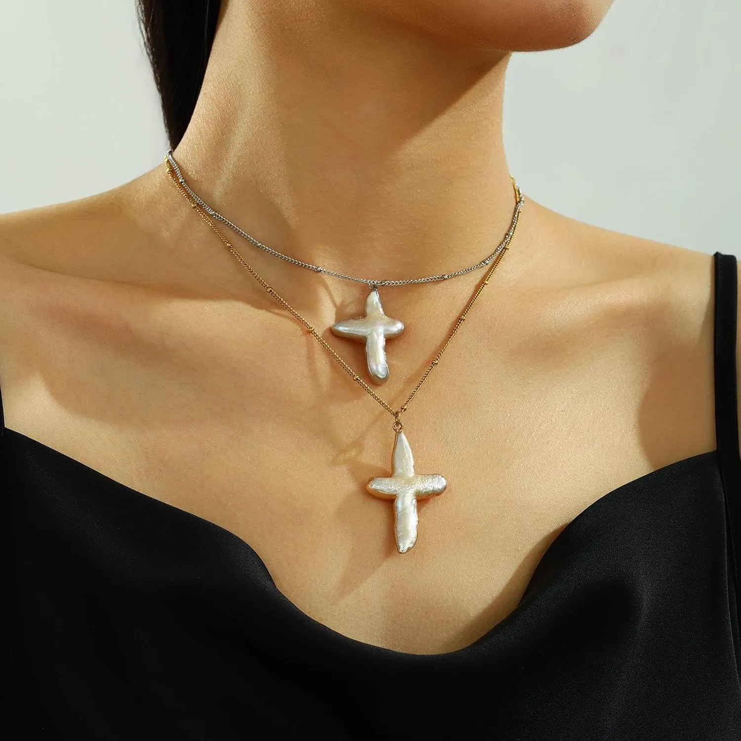 Pearl Cross Necklace for Women Freshwater Natural Chunky Baroque Pearl Necklaces Big Gold Cross Necklace Sideways Cross Christian Gifts for Women Men Trendy Jewelry