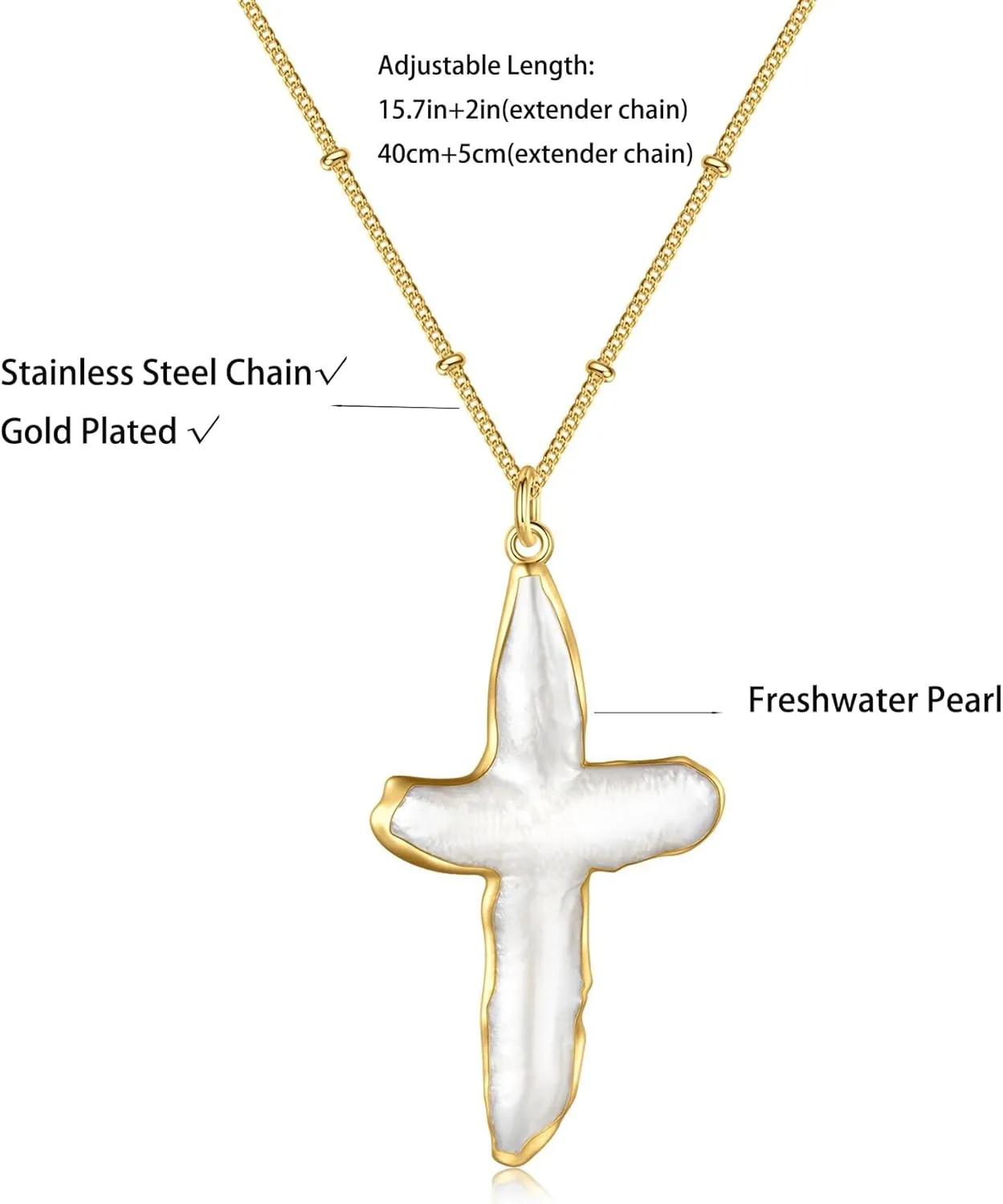 Pearl Cross Necklace for Women Freshwater Natural Chunky Baroque Pearl Necklaces Big Gold Cross Necklace Sideways Cross Christian Gifts for Women Men Trendy Jewelry