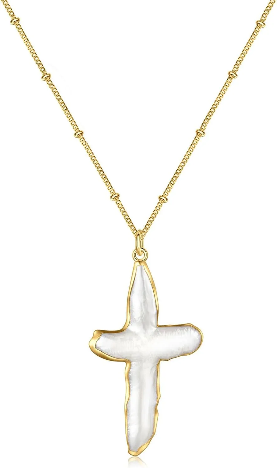 Pearl Cross Necklace for Women Freshwater Natural Chunky Baroque Pearl Necklaces Big Gold Cross Necklace Sideways Cross Christian Gifts for Women Men Trendy Jewelry