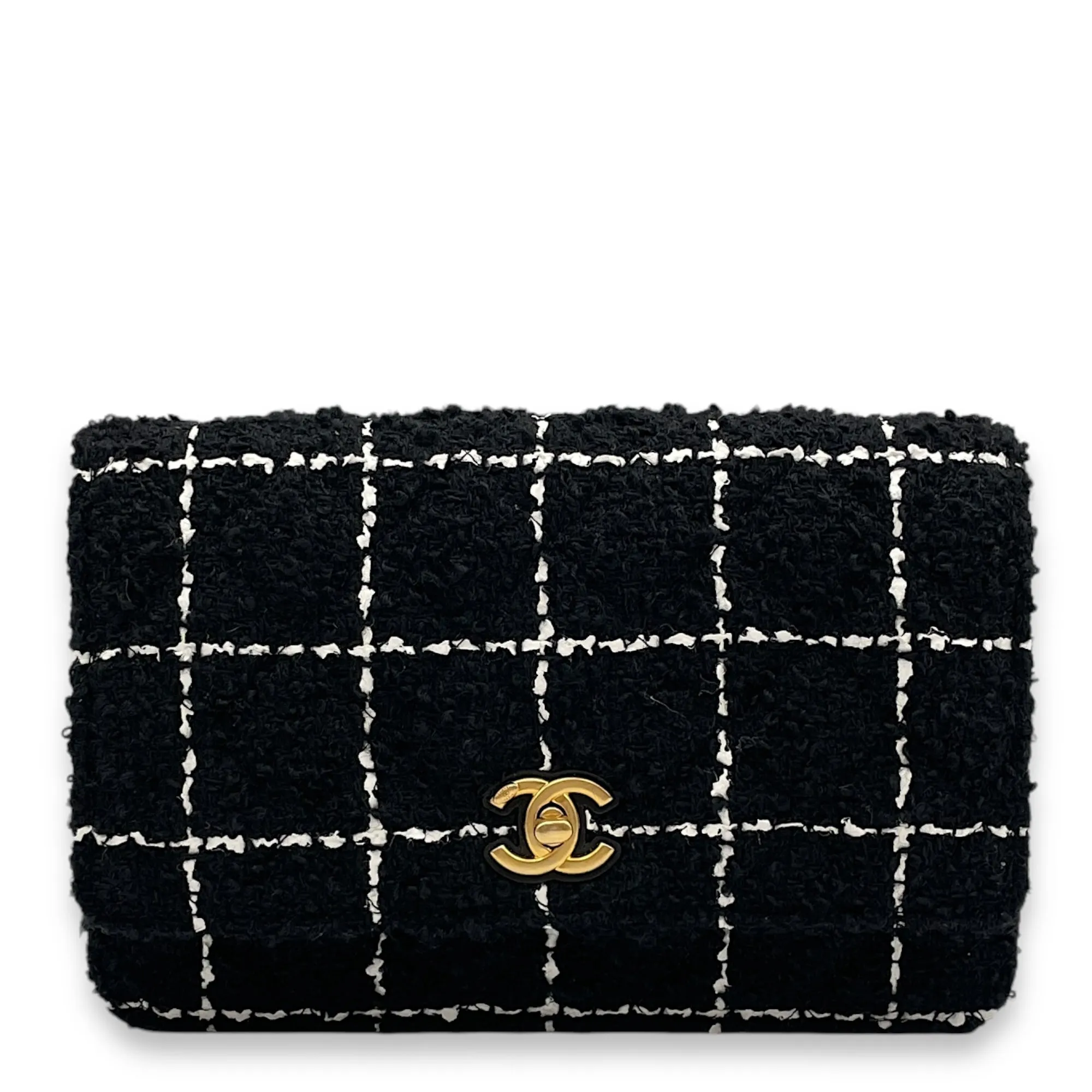 Pearl Crush Black/White Wallet On Chain in Tweed, Gold hardware