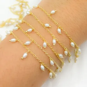 Pearl Dangle Gold Plated 925 Sterling Silver Wire Chain.  PRL58
