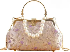 Pearl Evening Bag for Women Lily Pattern Vintage Embroidered Floral Clutch Purse Evening Handbag Shoulder Crossbody Bags