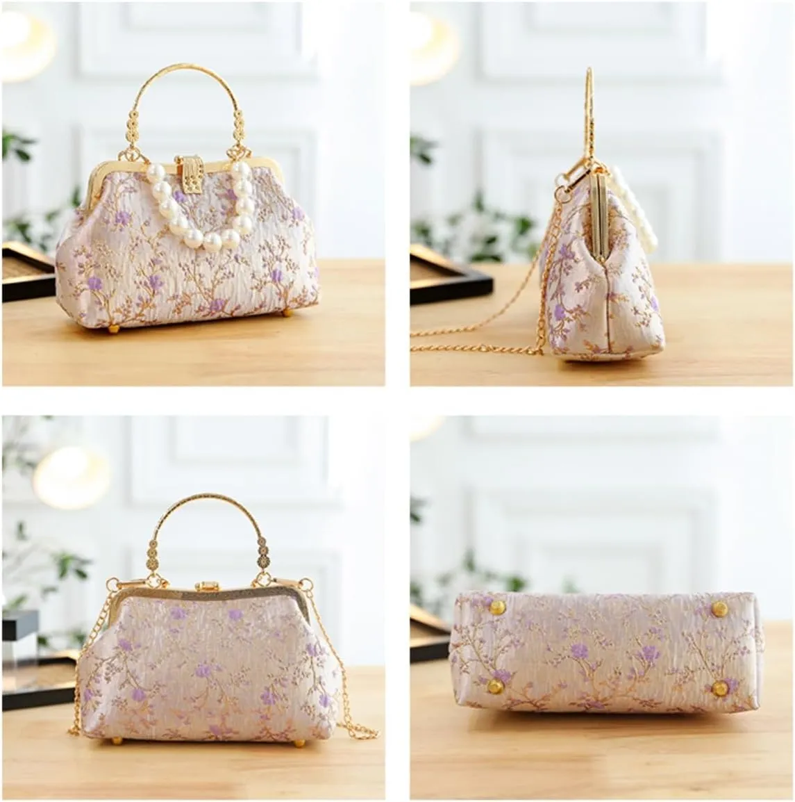 Pearl Evening Bag for Women Lily Pattern Vintage Embroidered Floral Clutch Purse Evening Handbag Shoulder Crossbody Bags