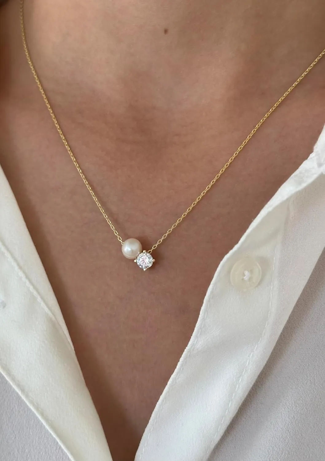 Pearl Necklaces for Women – Dainty Single Pearl Necklace Gold Rose Silver, Solitaire Diamond Pendant, Natural Freshwater Pearls, 925 Sterling Women's Simple Jewelry