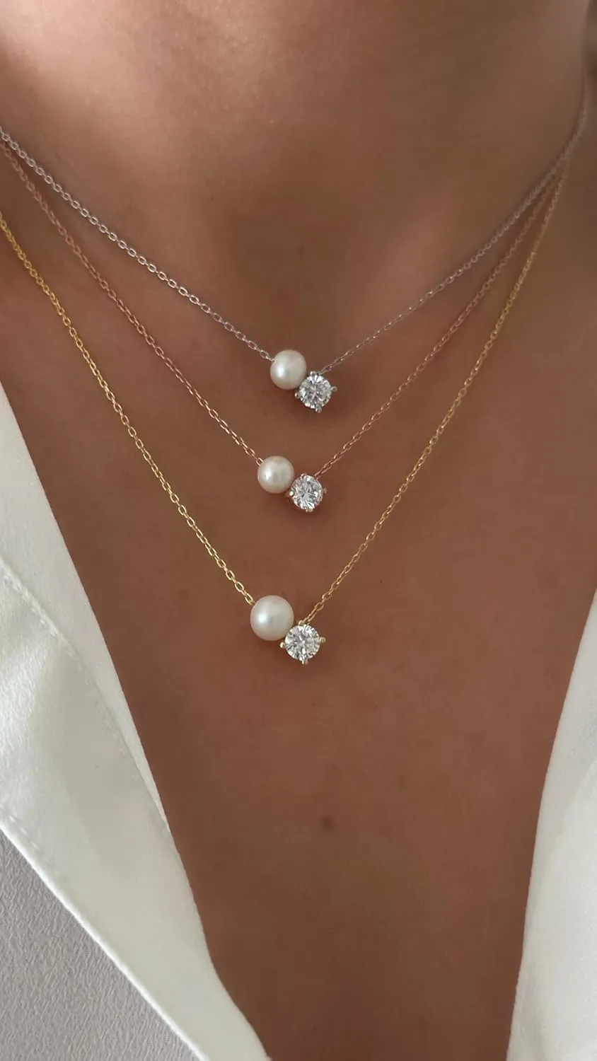 Pearl Necklaces for Women – Dainty Single Pearl Necklace Gold Rose Silver, Solitaire Diamond Pendant, Natural Freshwater Pearls, 925 Sterling Women's Simple Jewelry