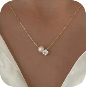 Pearl Necklaces for Women – Dainty Single Pearl Necklace Gold Rose Silver, Solitaire Diamond Pendant, Natural Freshwater Pearls, 925 Sterling Women's Simple Jewelry