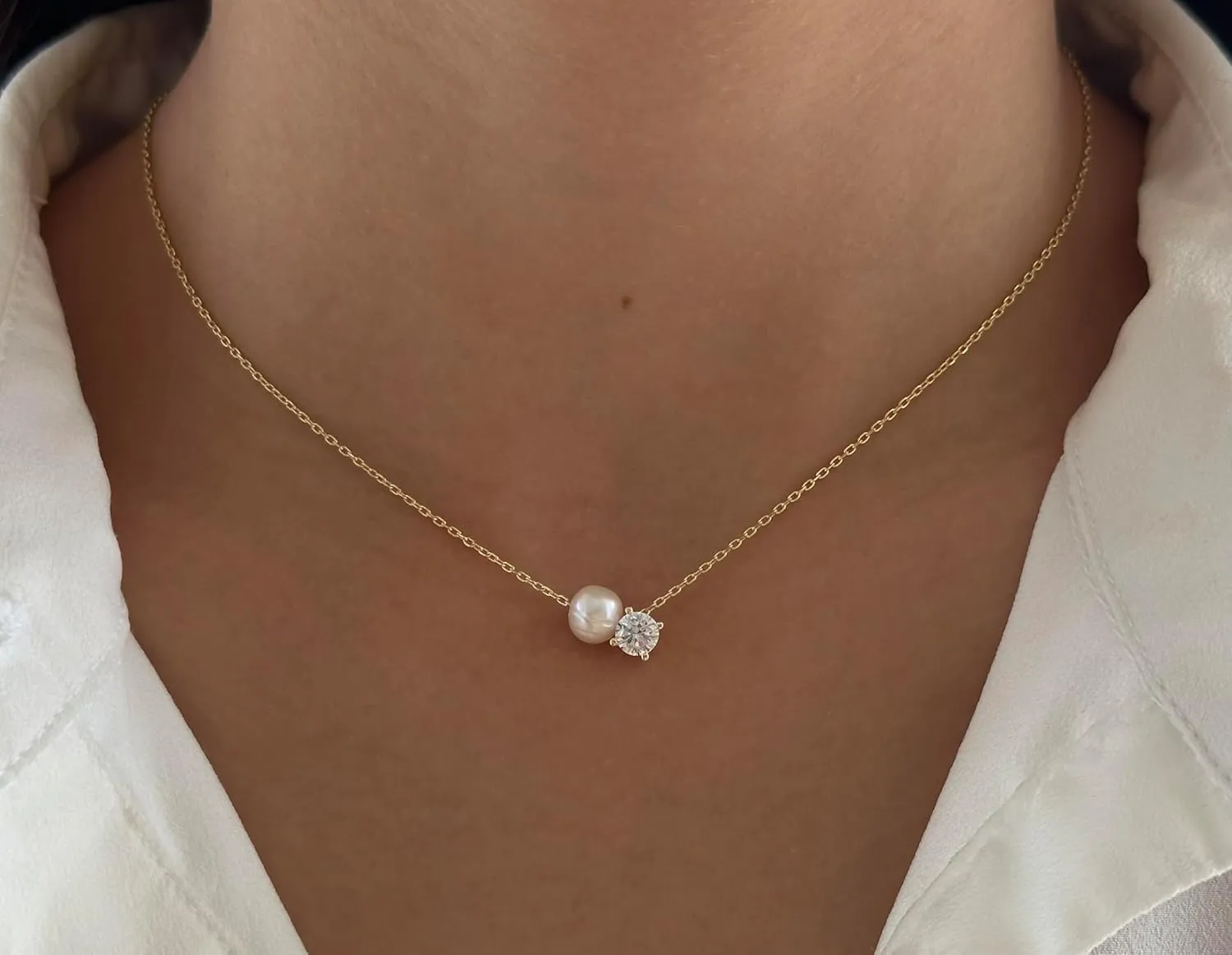 Pearl Necklaces for Women – Dainty Single Pearl Necklace Gold Rose Silver, Solitaire Diamond Pendant, Natural Freshwater Pearls, 925 Sterling Women's Simple Jewelry