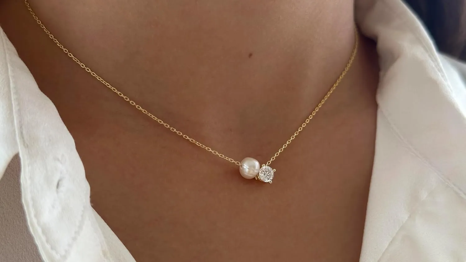 Pearl Necklaces for Women – Dainty Single Pearl Necklace Gold Rose Silver, Solitaire Diamond Pendant, Natural Freshwater Pearls, 925 Sterling Women's Simple Jewelry