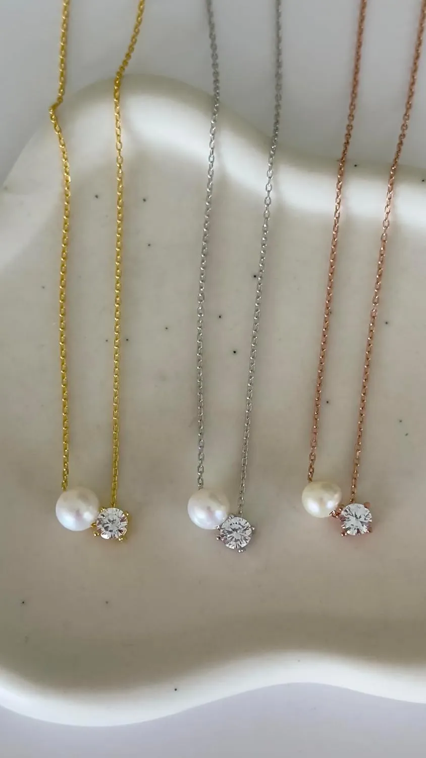 Pearl Necklaces for Women – Dainty Single Pearl Necklace Gold Rose Silver, Solitaire Diamond Pendant, Natural Freshwater Pearls, 925 Sterling Women's Simple Jewelry