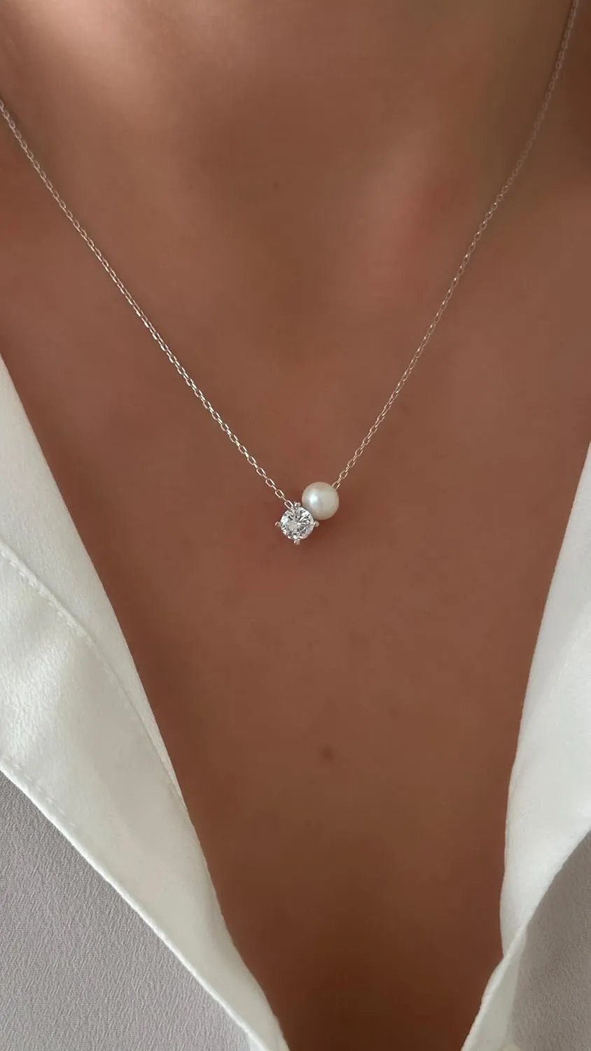 Pearl Necklaces for Women – Dainty Single Pearl Necklace Gold Rose Silver, Solitaire Diamond Pendant, Natural Freshwater Pearls, 925 Sterling Women's Simple Jewelry