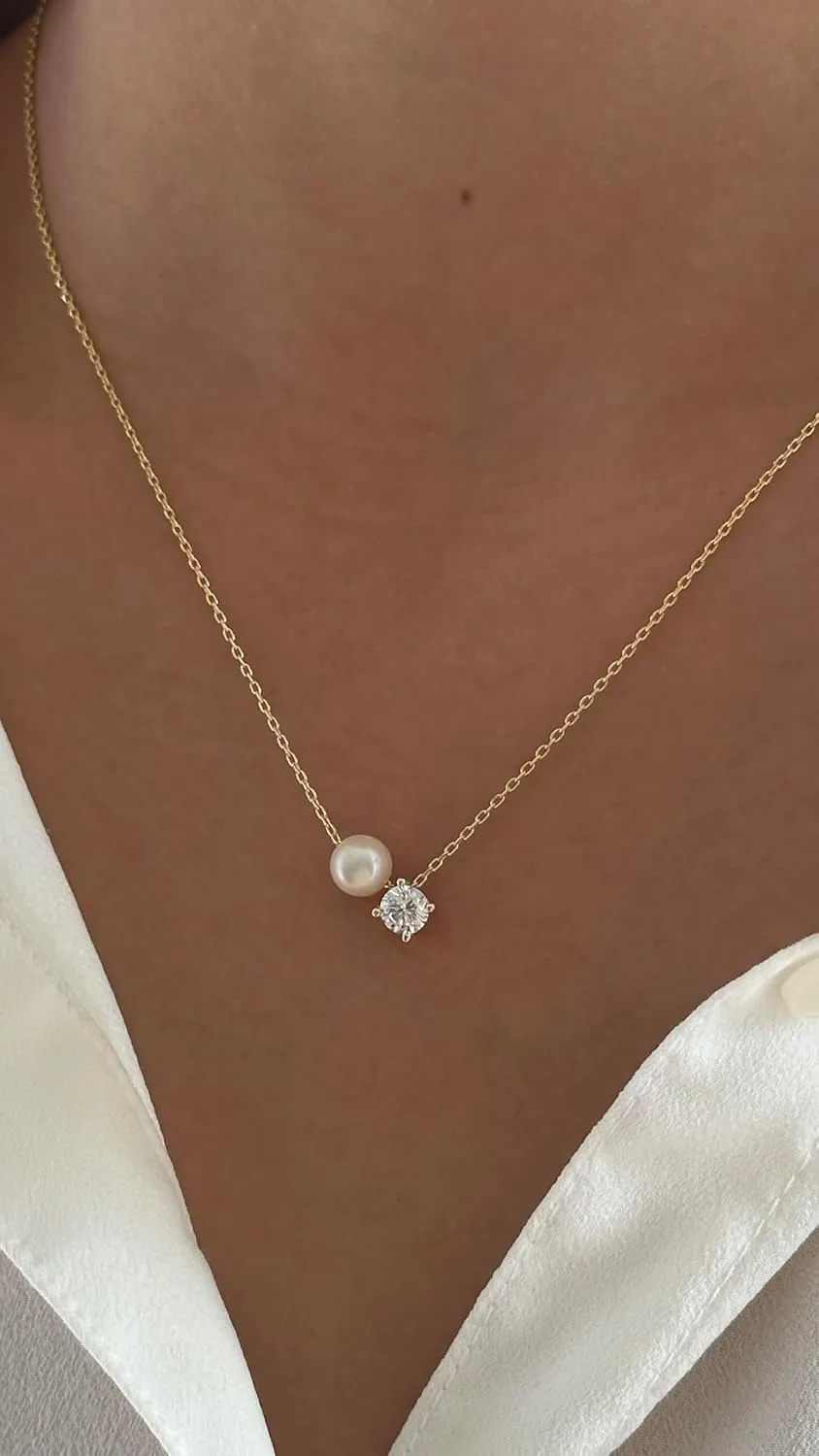 Pearl Necklaces for Women – Dainty Single Pearl Necklace Gold Rose Silver, Solitaire Diamond Pendant, Natural Freshwater Pearls, 925 Sterling Women's Simple Jewelry