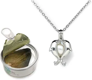 Pearlina Dolphins Necklace Cultured Pearl Oyster Set Silver-tone Plated Cage w/Stainless Steel Chain 18"