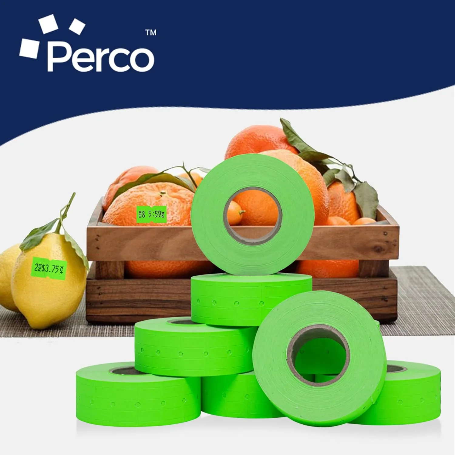 Perco 1 Line Fluorescent Green Labels - 8 Rolls, 1 Sleeve, 8,000 Blank Price and Date Gun Labels for Perco 1 Line Price and Date Guns - Made in USA
